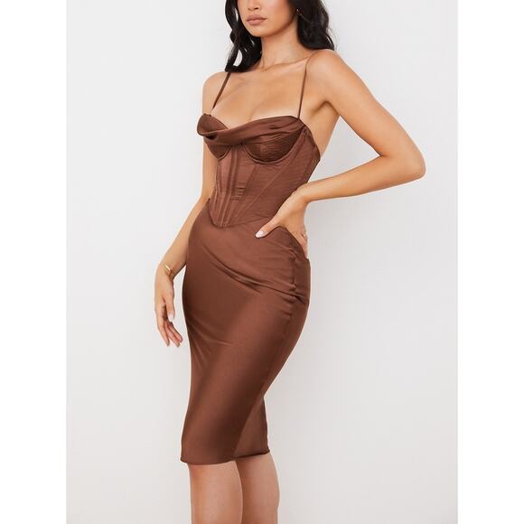 House of CB Myrna Chocolate Satin Corset Slip Midi Dress Size XS Extra Small - Picture 3 of 10